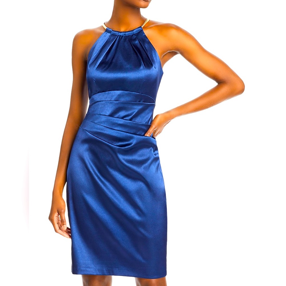 ELIZA J Sleeveless Pleated Neck Side Tuck Sheath Dress